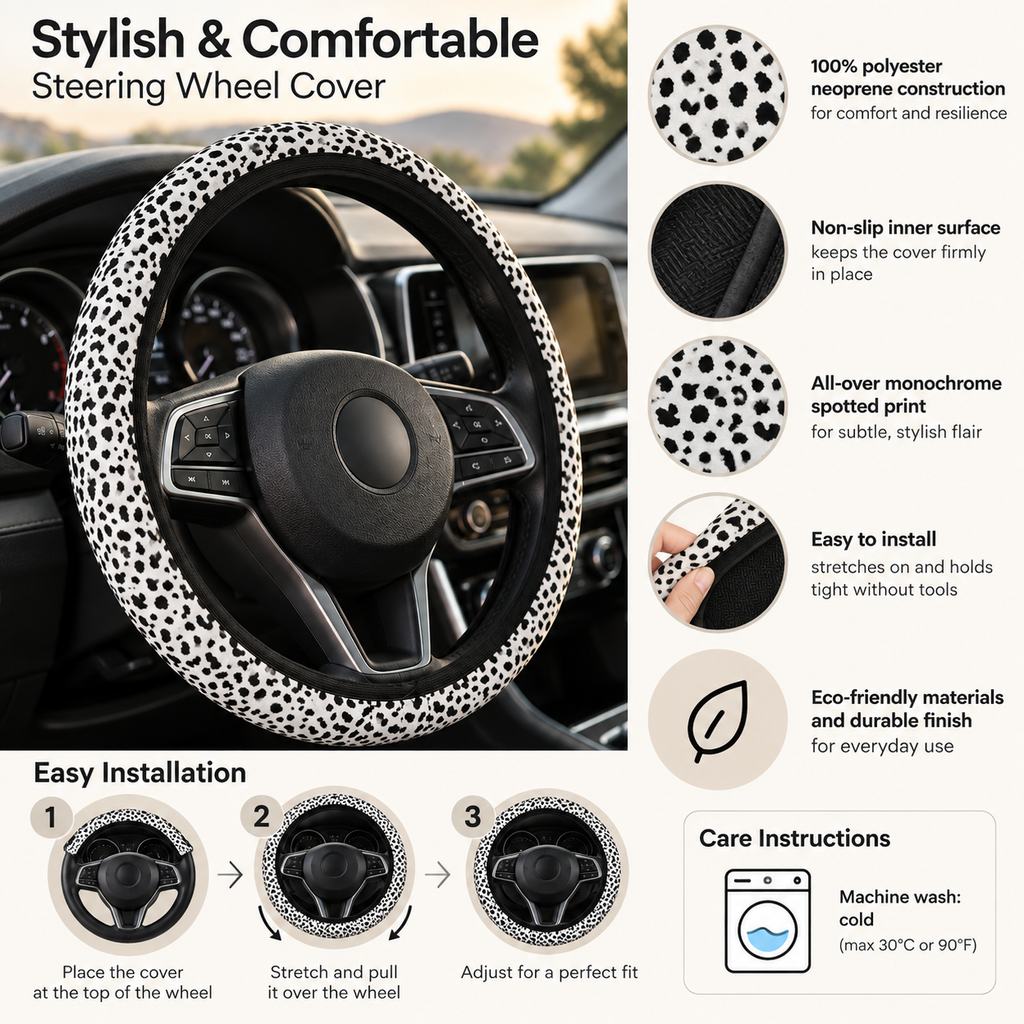 White leopard print steering wheel cover overview with features, installation steps and care instructions