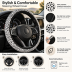 White leopard print steering wheel cover overview with features, installation steps and care instructions