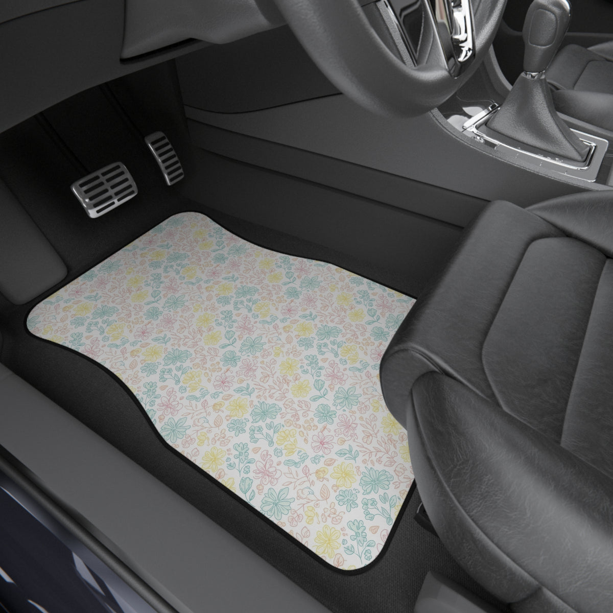 White pastel floral car mats shown in a car interior
