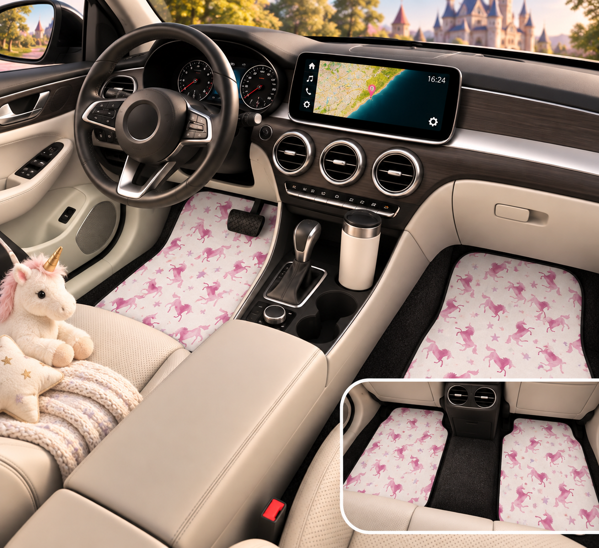 White pink unicorn car mats shown in a car interior
