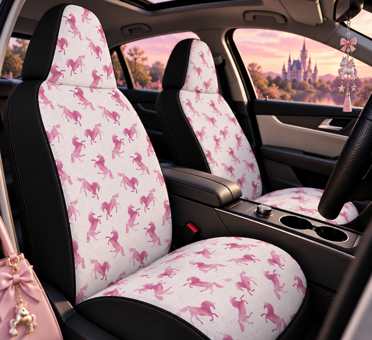 White pink unicorn car seat covers shown in a car interior