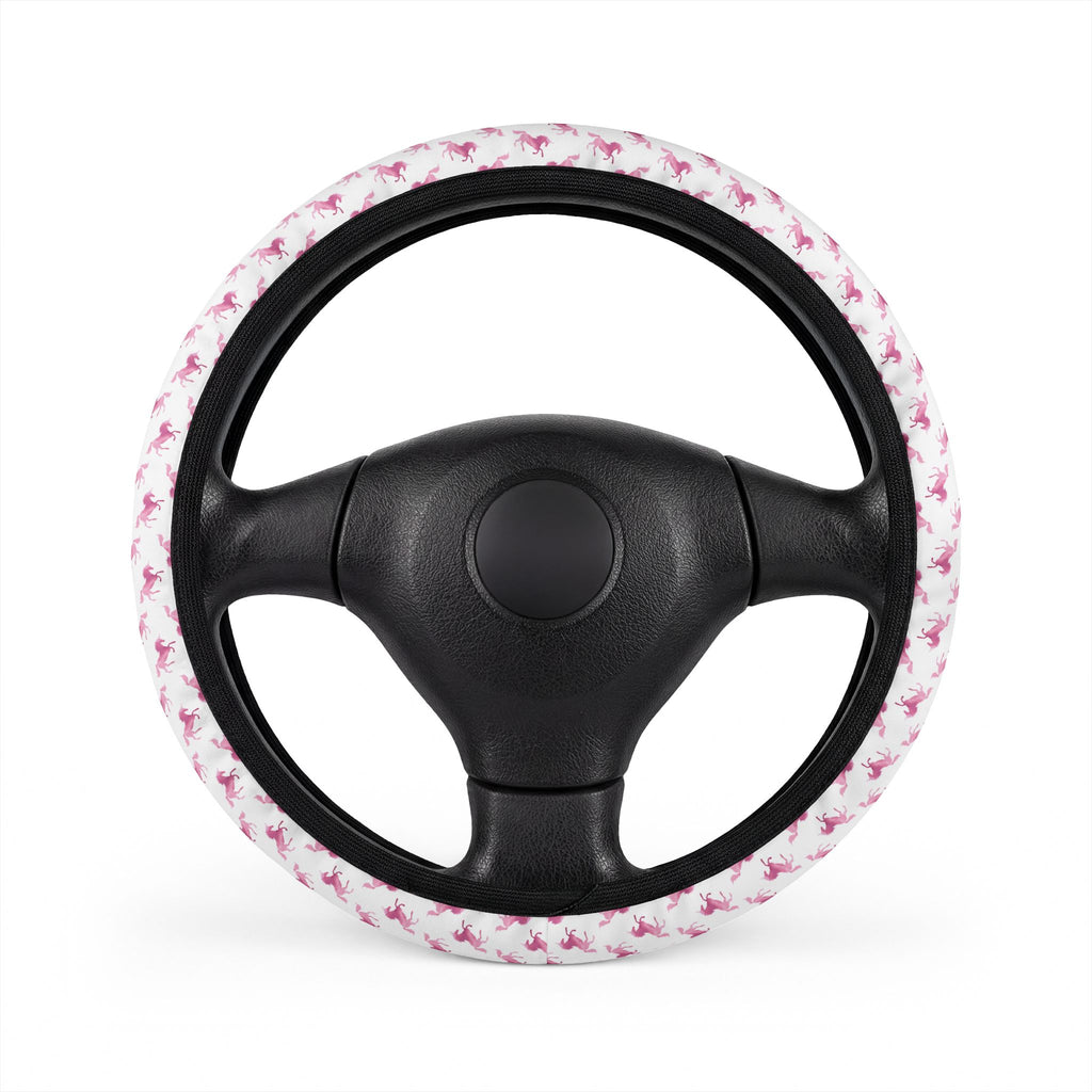 White pink unicorn steering wheel cover, on a steering wheel