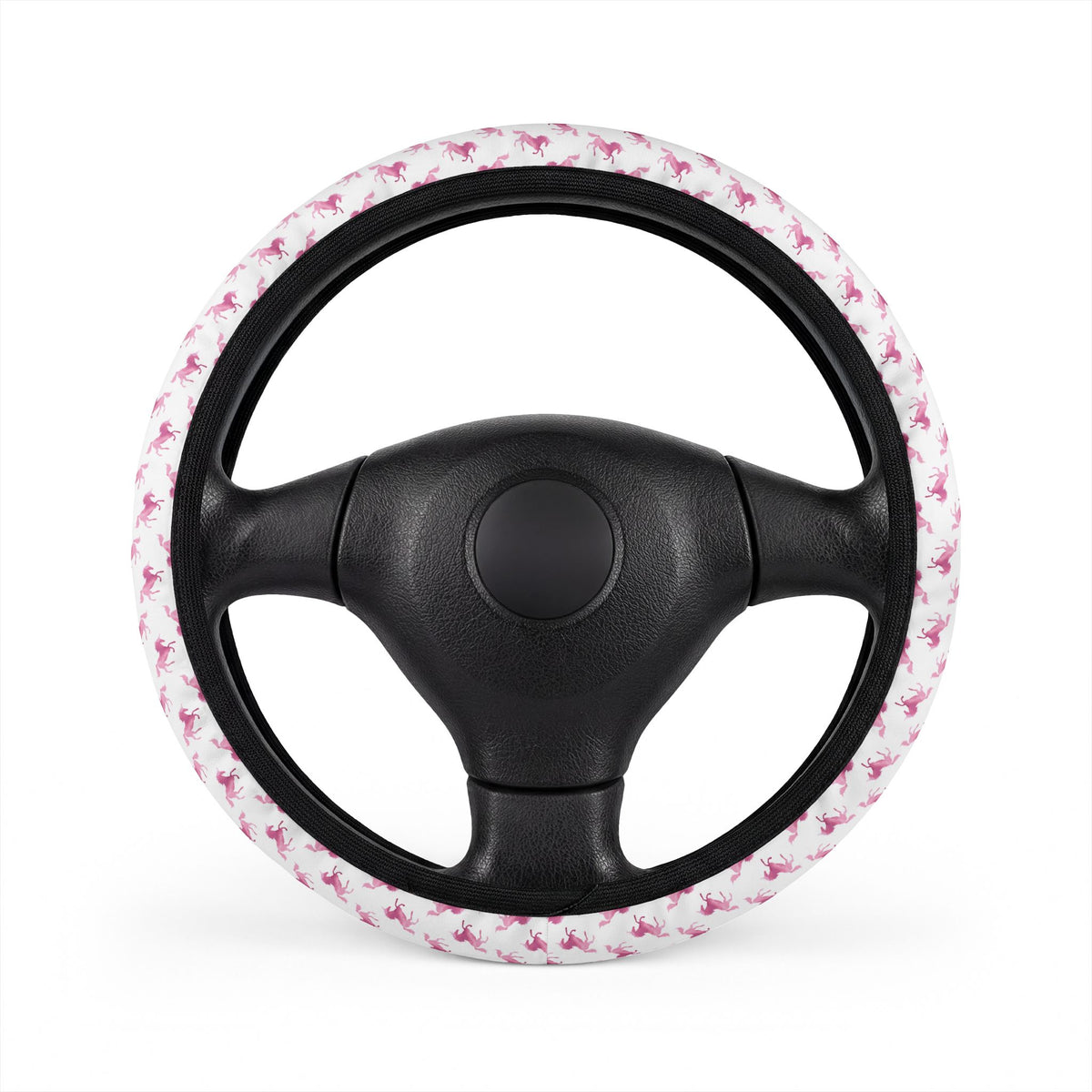 White pink unicorn steering wheel cover, on a steering wheel