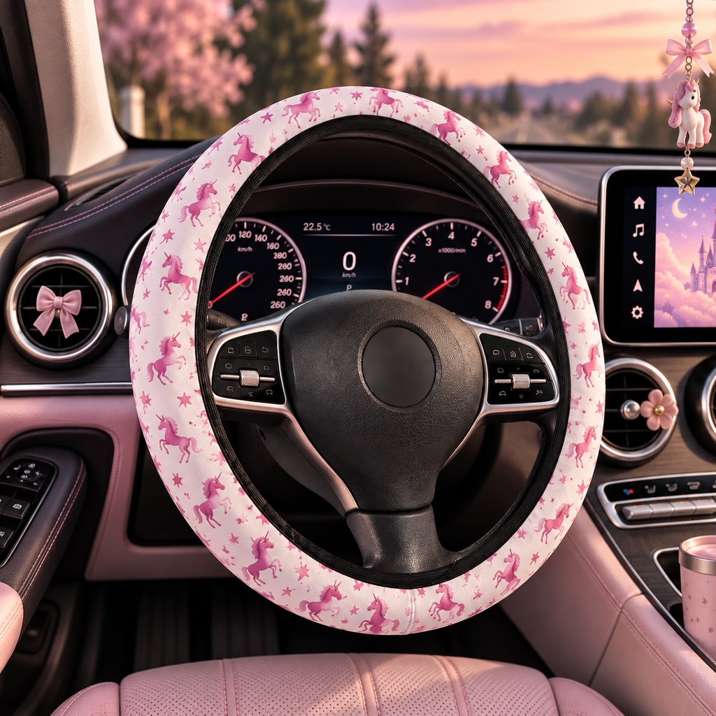 White pink unicorn steering wheel cover shown in a car interior