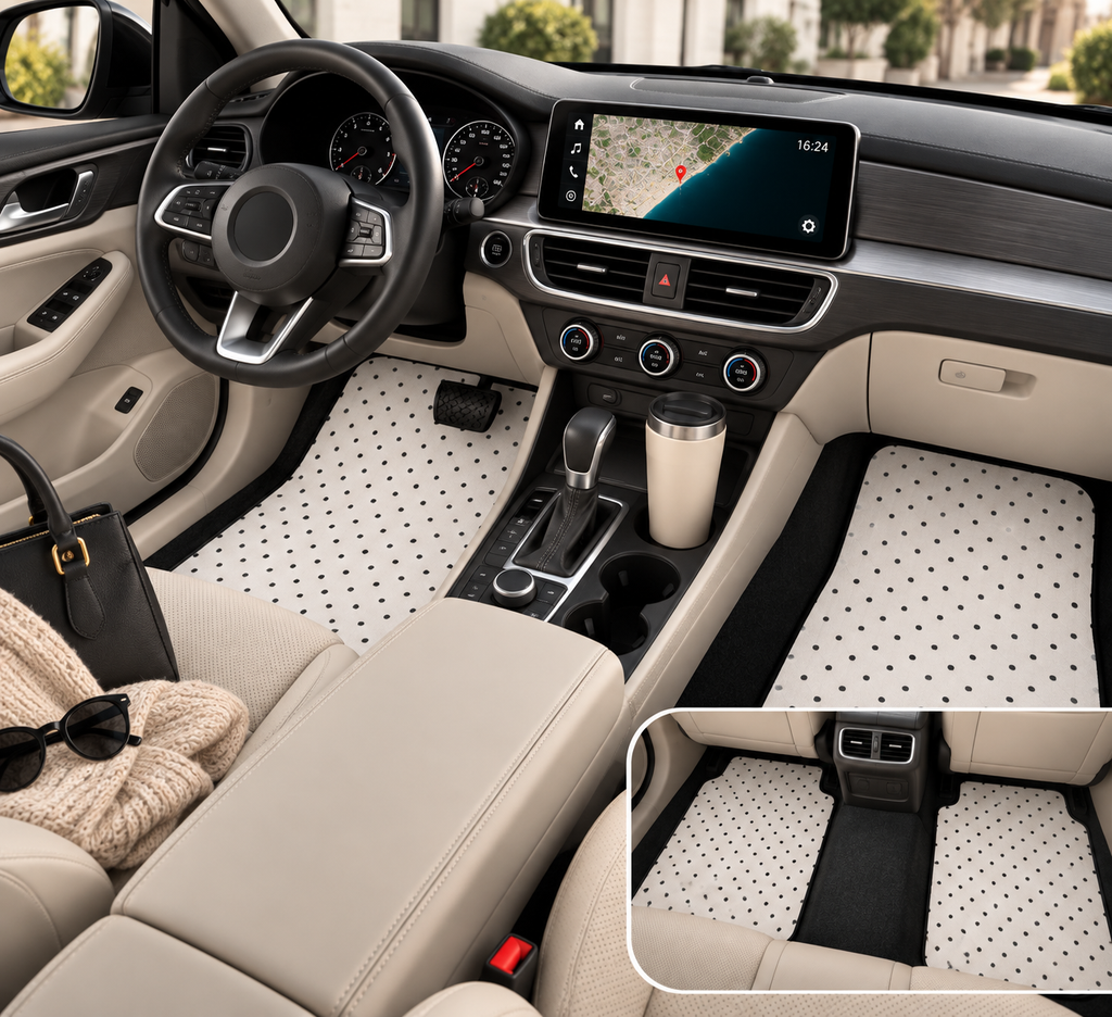 White polka dot car mats shown in a car interior
