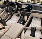 White polka dot car mats shown in a car interior