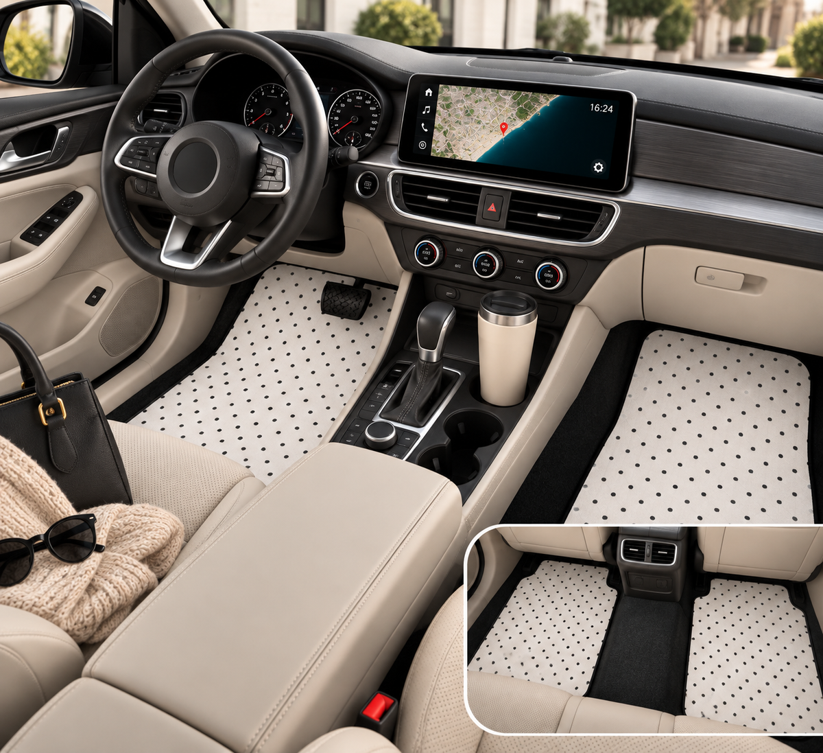 White polka dot car mats shown in a car interior