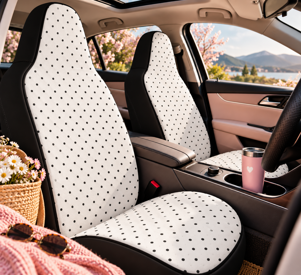 White polka dot car seat covers shown in a car interior