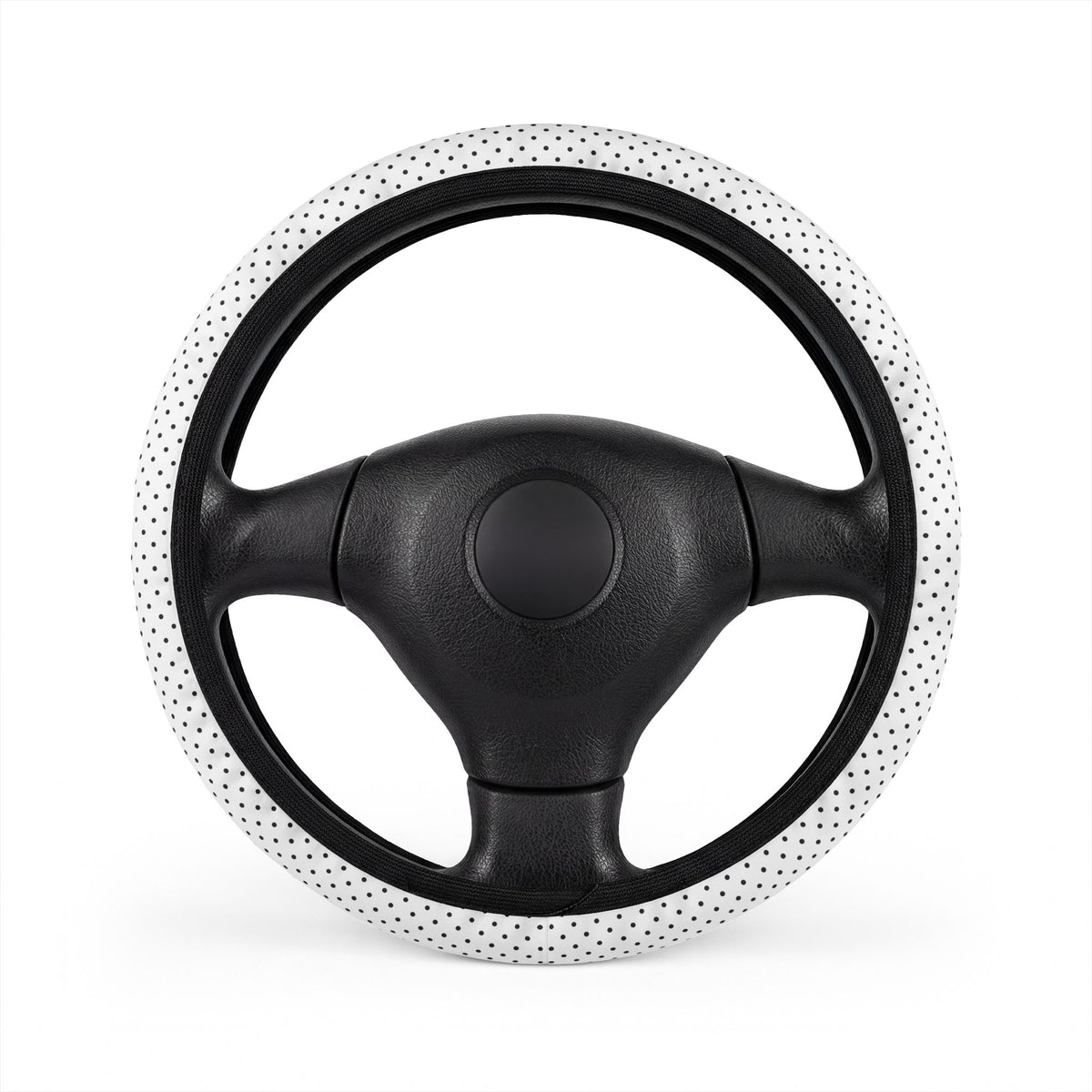White polka dot steering wheel cover, on a steering wheel