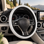White polka dot steering wheel cover shown in a car interior