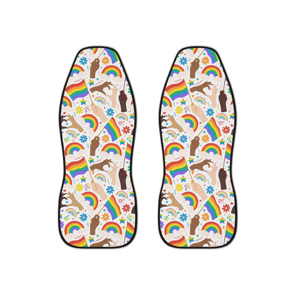 White rainbow flags car seat covers, set of two shown side by side