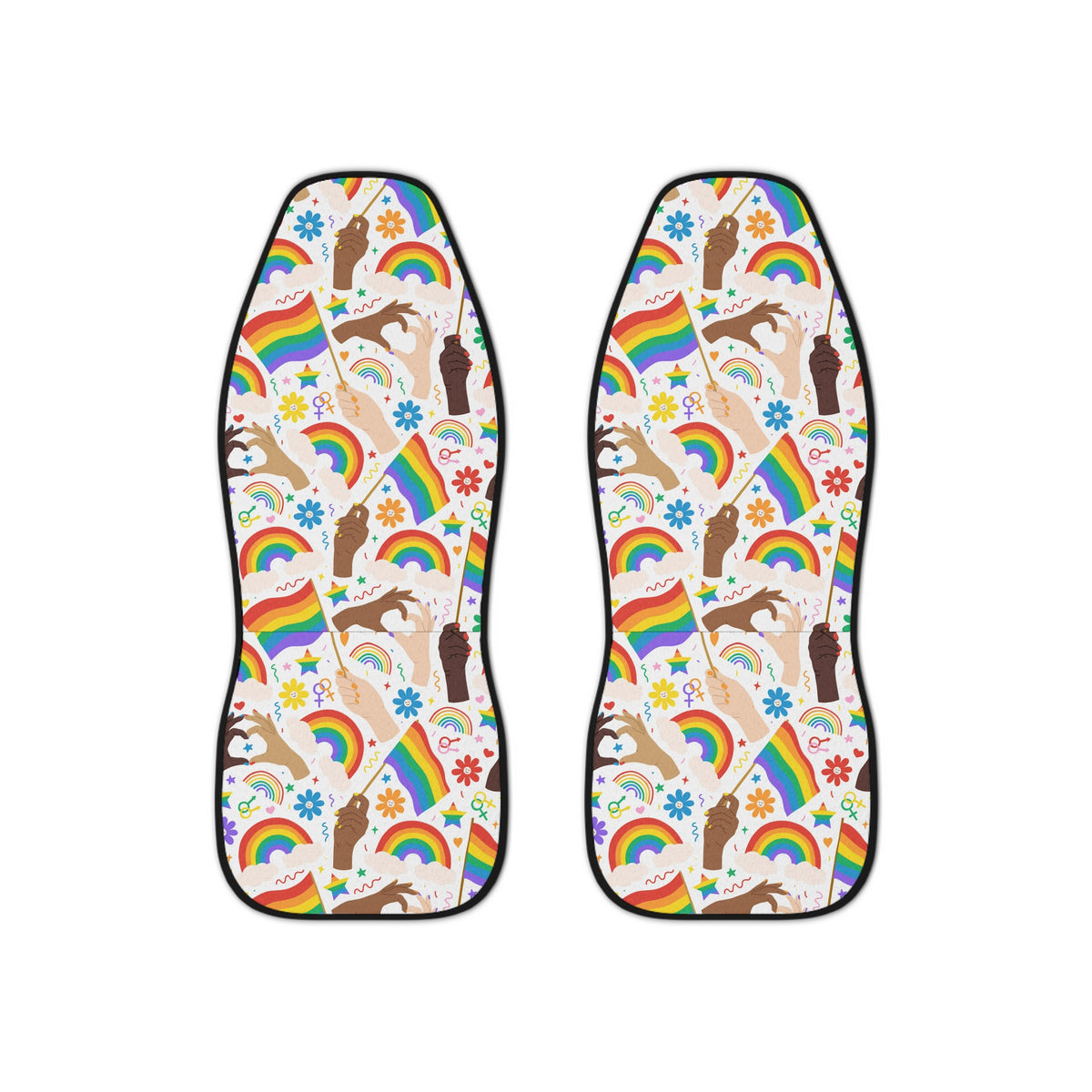 White rainbow flags car seat covers, set of two shown side by side