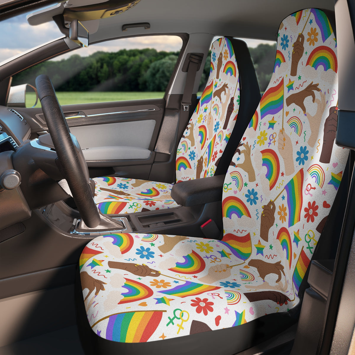 White rainbow flags car seat covers, fitted on the front seats of a car