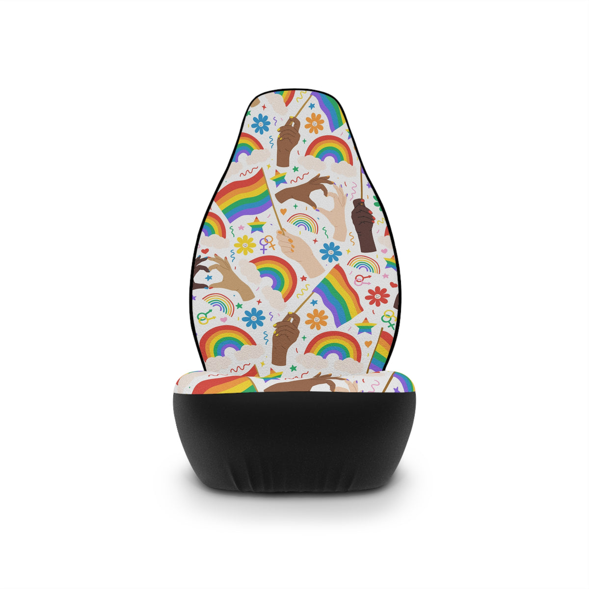 White rainbow flags car seat covers, single cover on a seat, front view