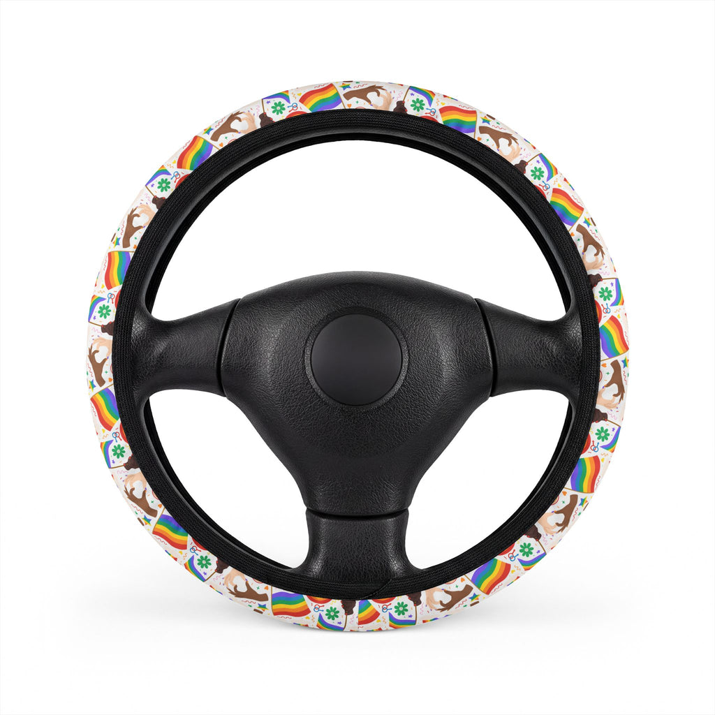 White rainbow flags steering wheel cover, on a steering wheel