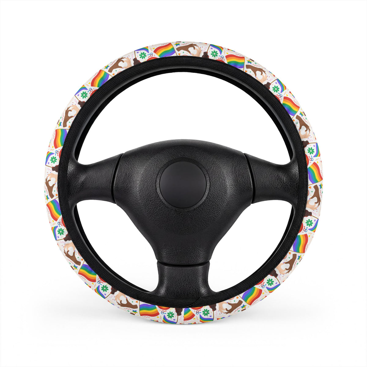 White rainbow flags steering wheel cover, on a steering wheel