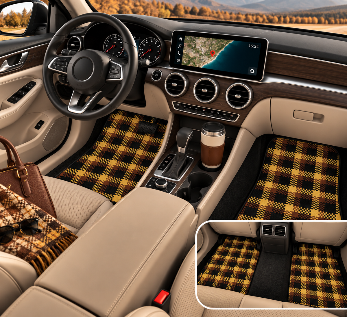 Yellow tartan plaid car mats shown in a car interior