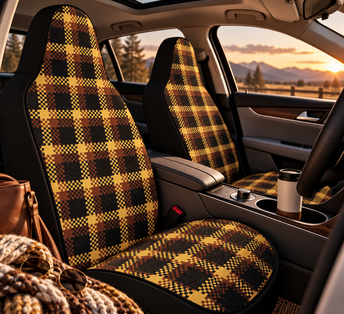 Yellow tartan plaid car seat covers shown in a car interior