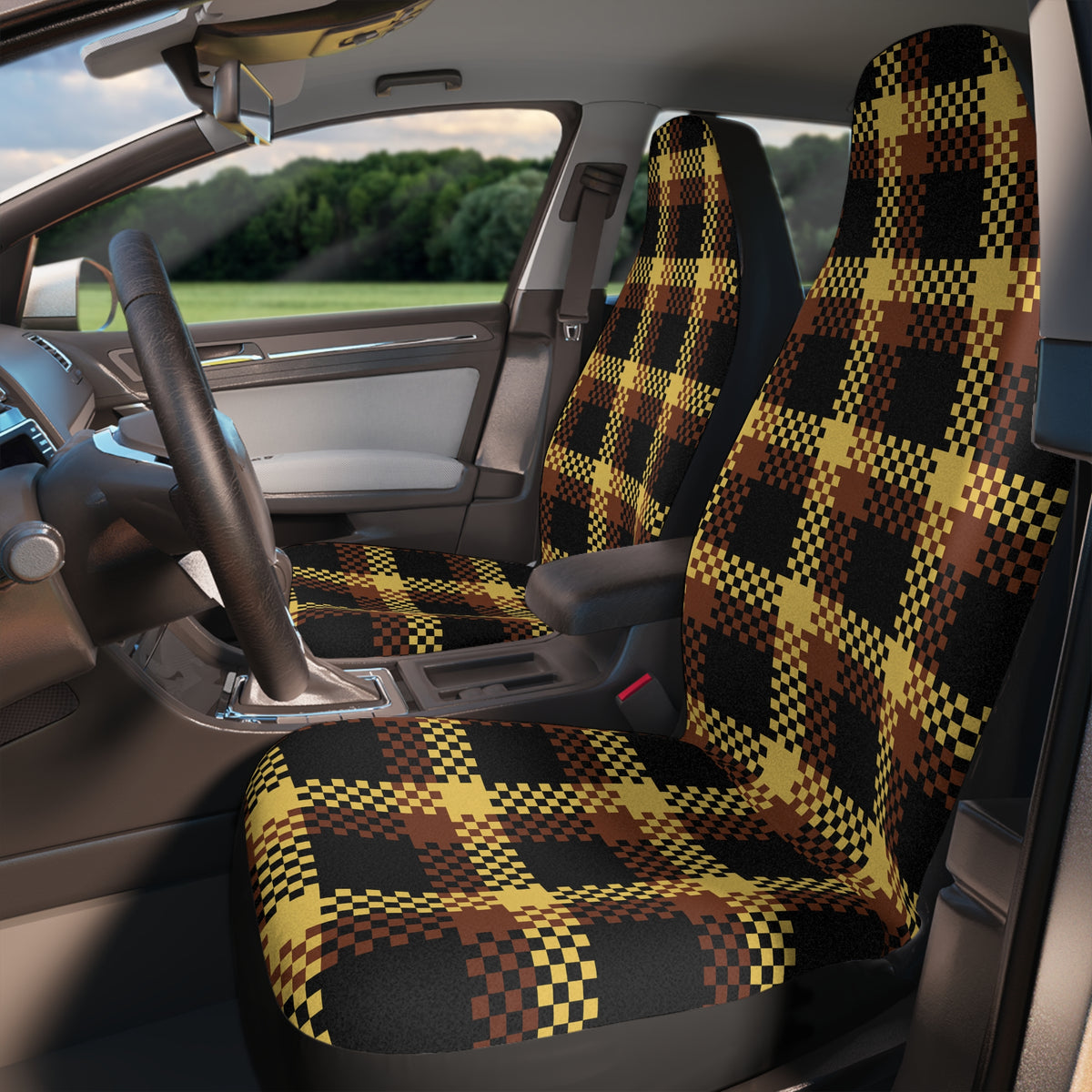 Yellow tartan plaid car seat covers, product view 3
