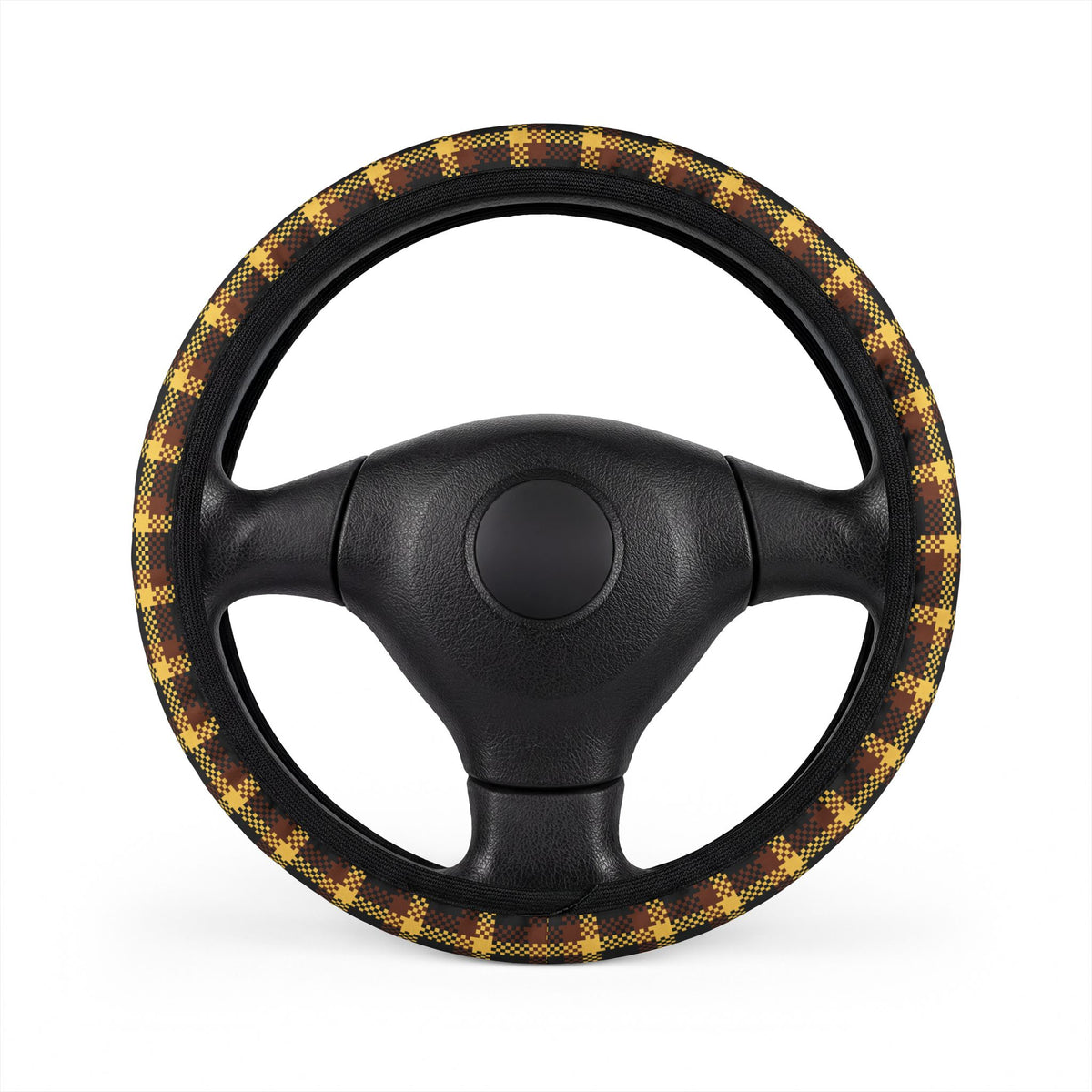 Yellow tartan plaid steering wheel cover, on a steering wheel