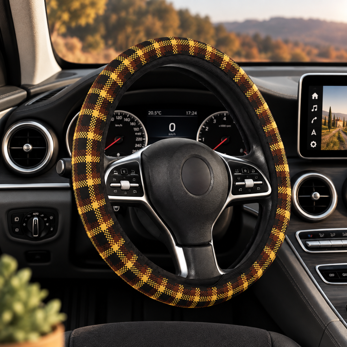 Yellow tartan plaid steering wheel cover shown in a car interior